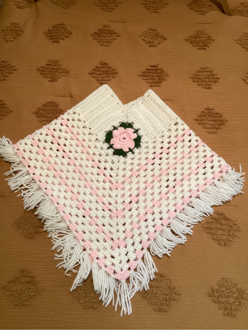 Handmade Girls Crochet Poncho with Pink Rose Accent